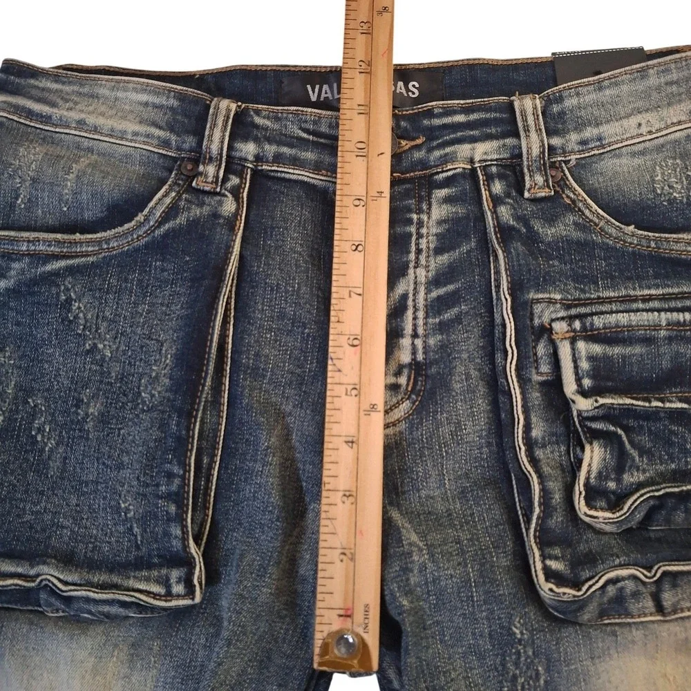 Valabasas Cargo Jeans Mens 34x36 Blue Distressed Stacked Flare Patch Pockets
